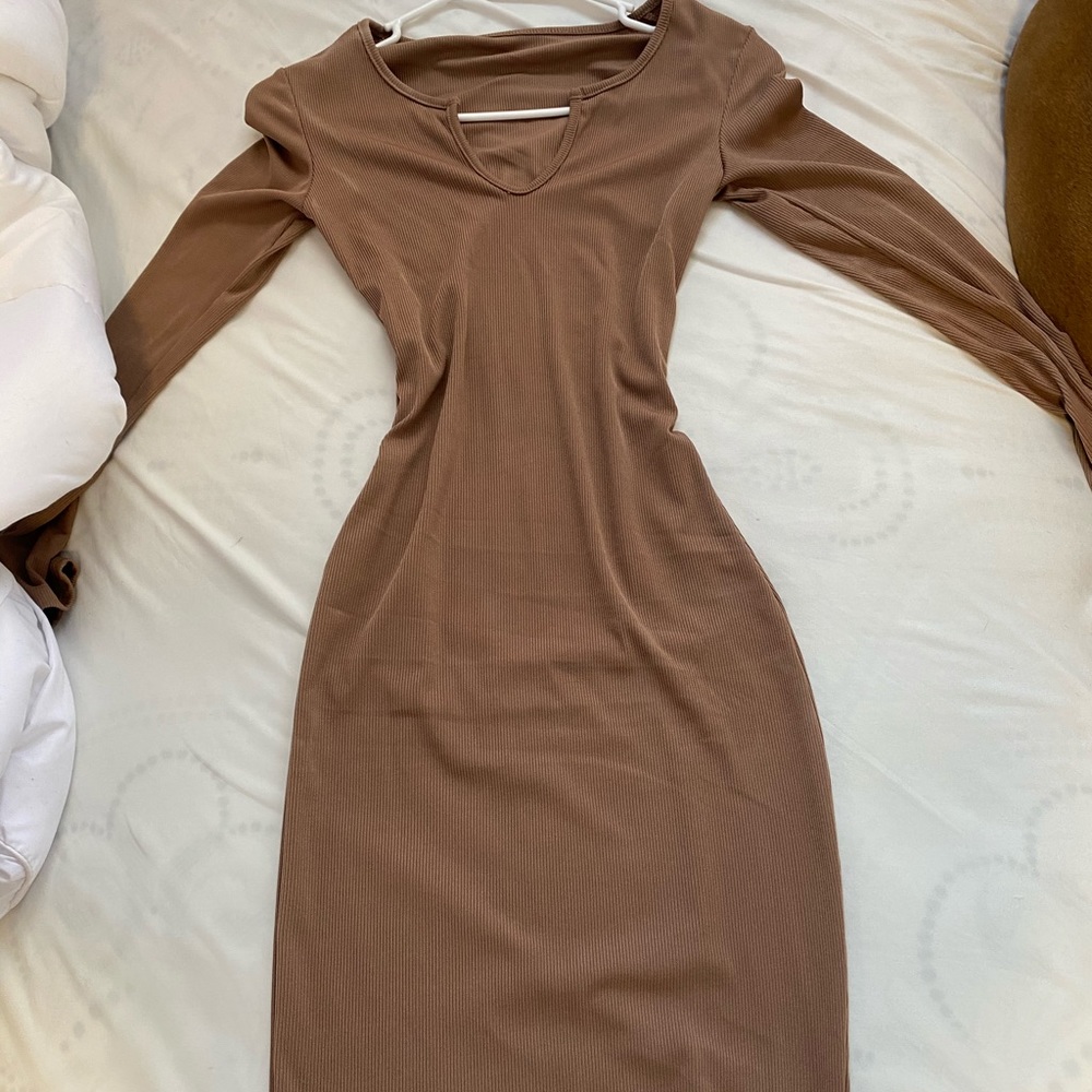 Brown bodycon ankle length dress v neck